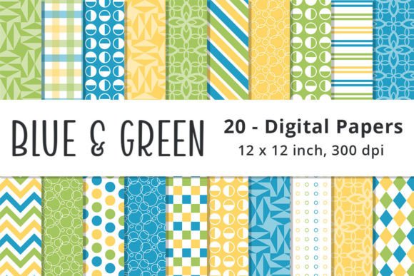 Blue, Green and Yellow Digital Patterns for Creative Projects