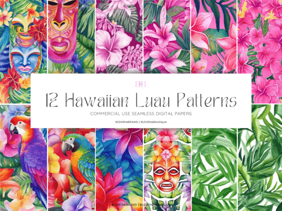 Hawaiian Tiki Luau Seamless Patterns